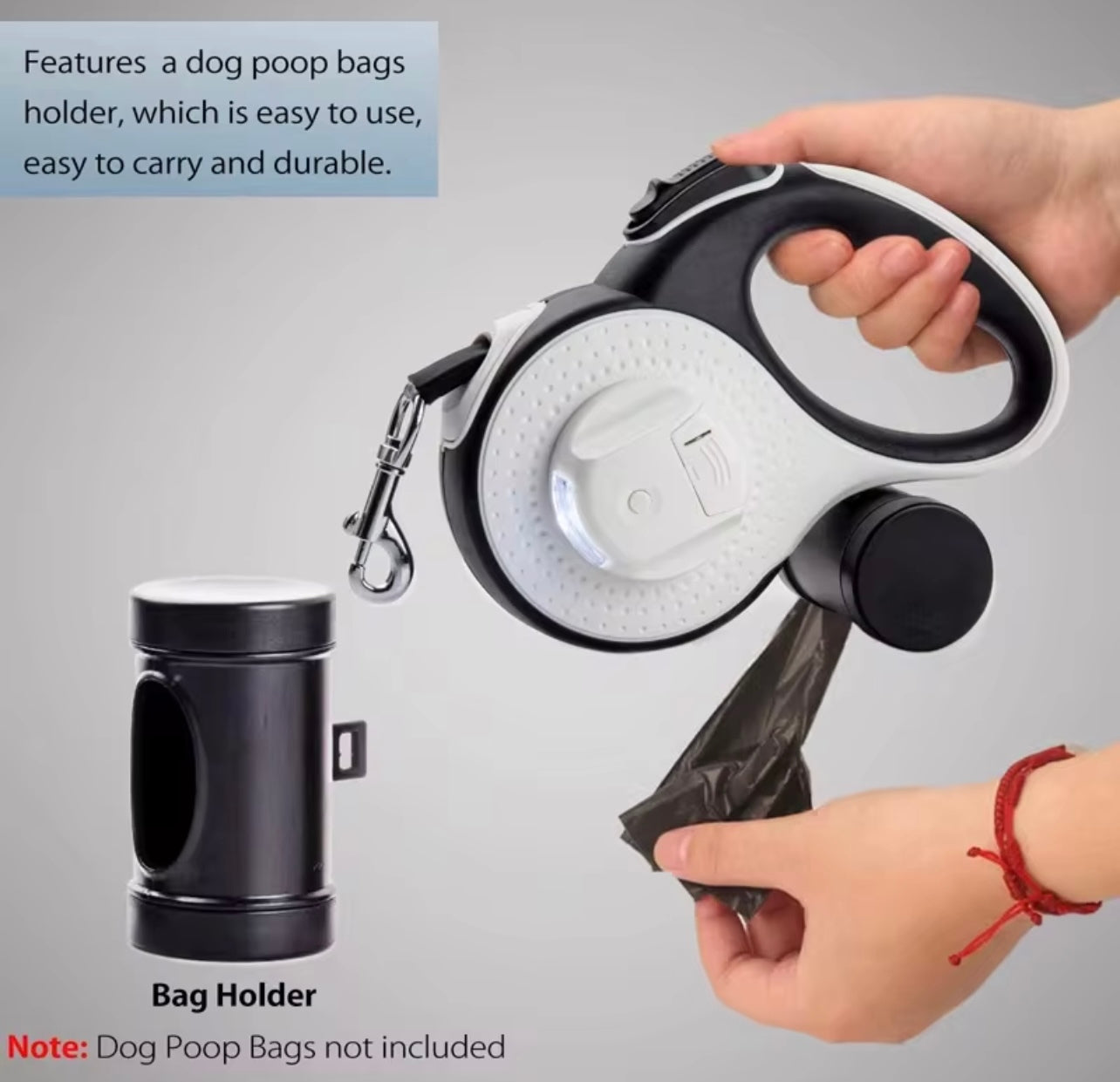 Retractable Dog Leash with Poo Bag Holder & LED Flashlight