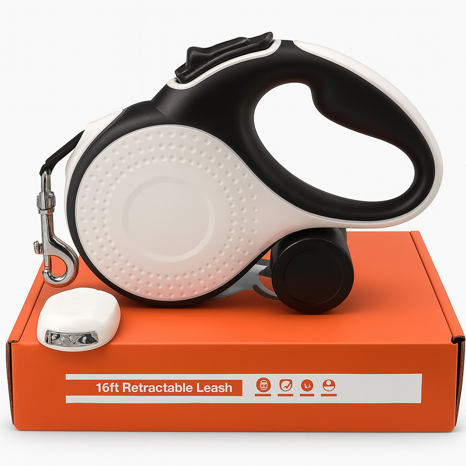 Retractable Dog Leash with Poo Bag Holder & LED Flashlight