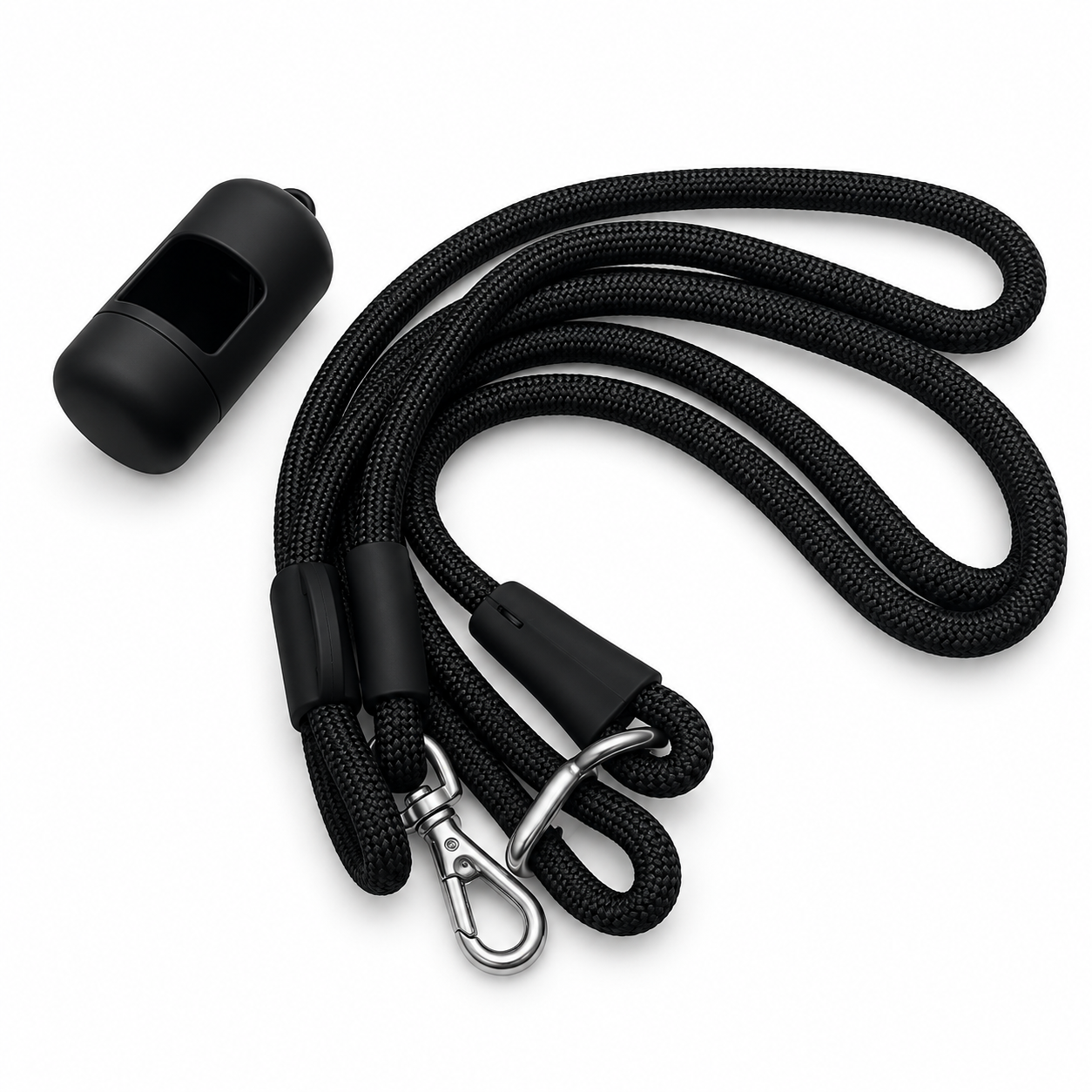 Black multi-way rope dog lead and matching poo bag holder — harness not included