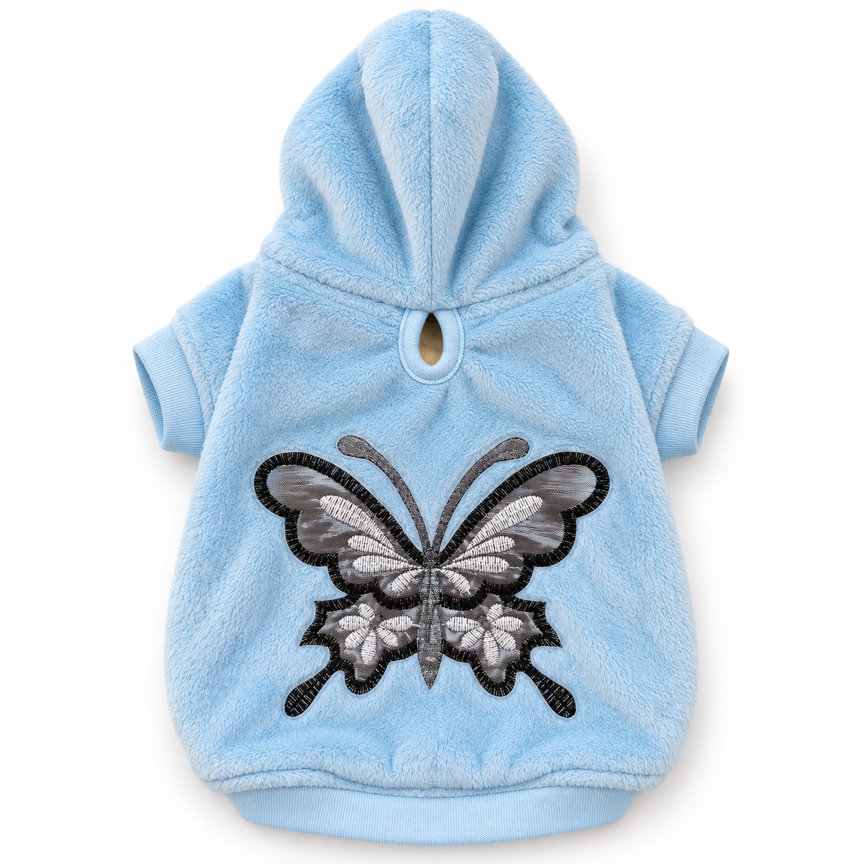 Blue butterfly dog hoodie back view