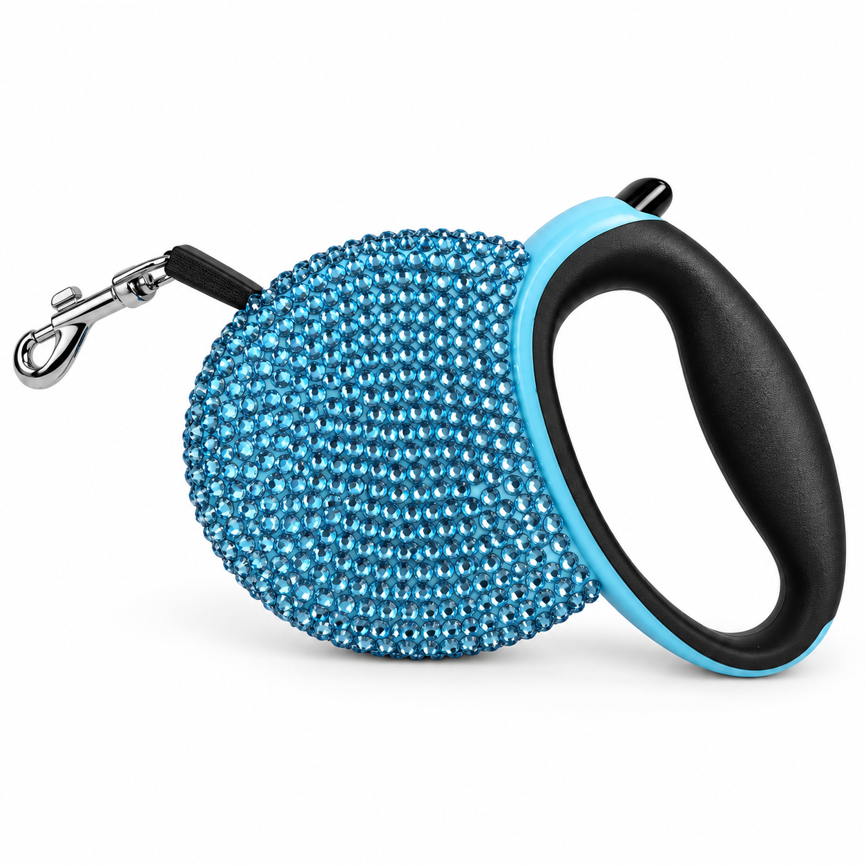 blue rhinestone retractable dog lead on white background