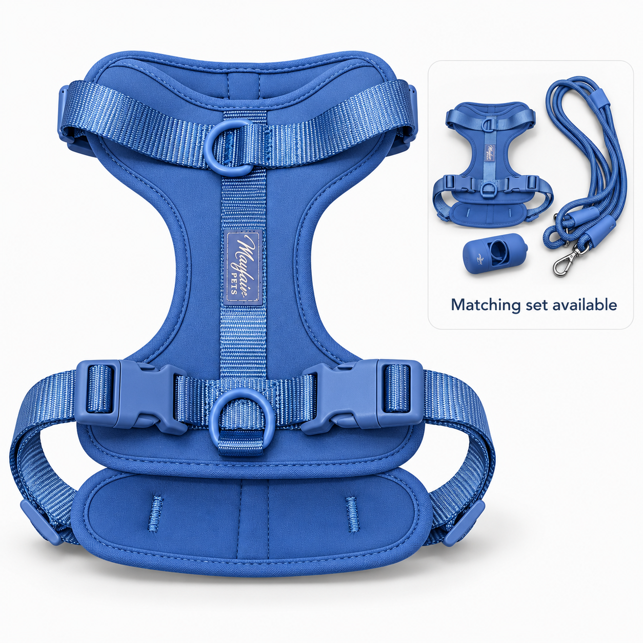 Blue matching set available: harness, multi-way lead and poo bag holder