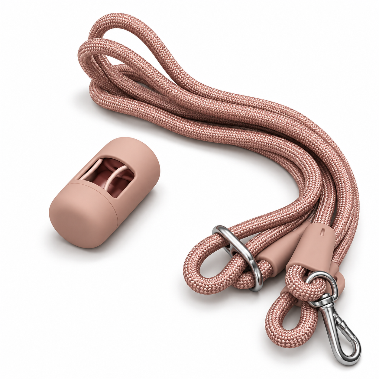 Pink multi-way rope dog lead and matching poo bag holder — harness not included