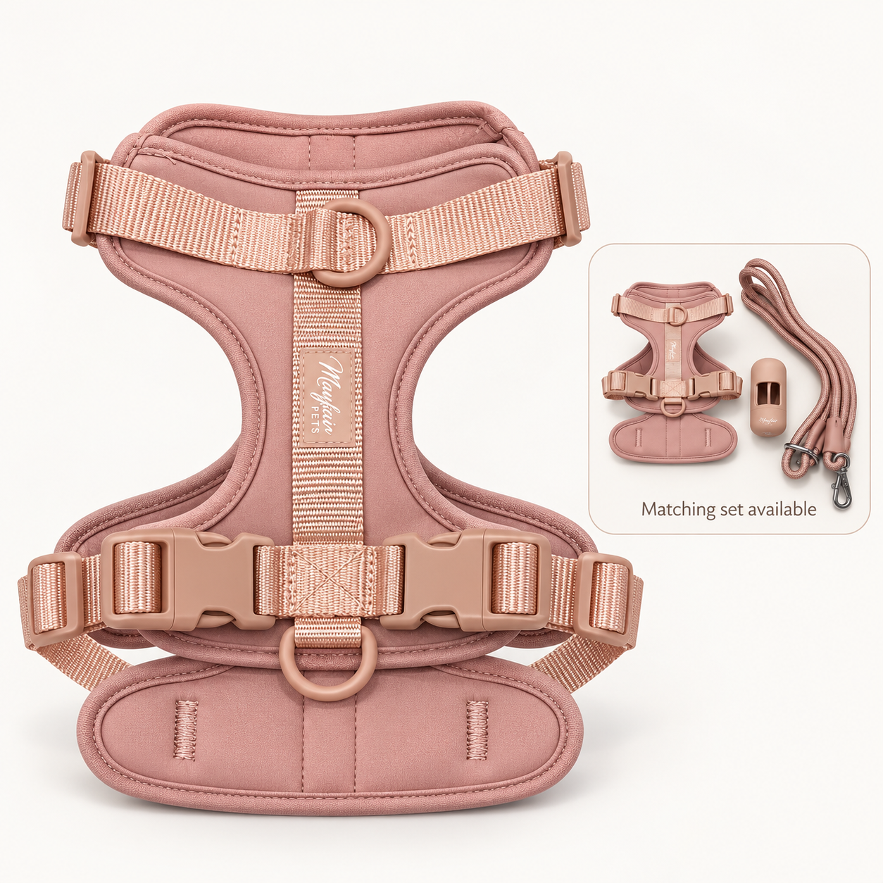 Pink matching set available: harness, multi-way lead and poo bag holder