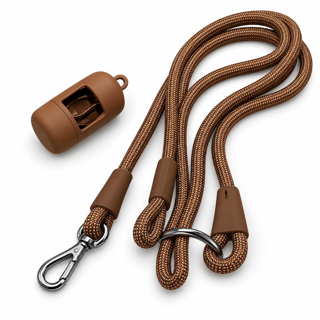 Brown multi-way rope dog lead and matching poo bag holder — harness not included