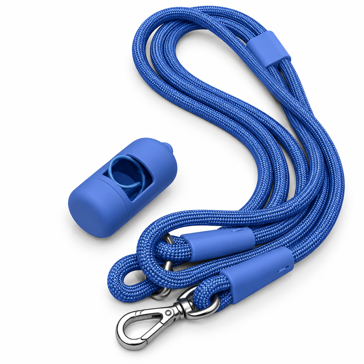 Blue multi-way rope dog lead and matching poo bag holder — harness not included
