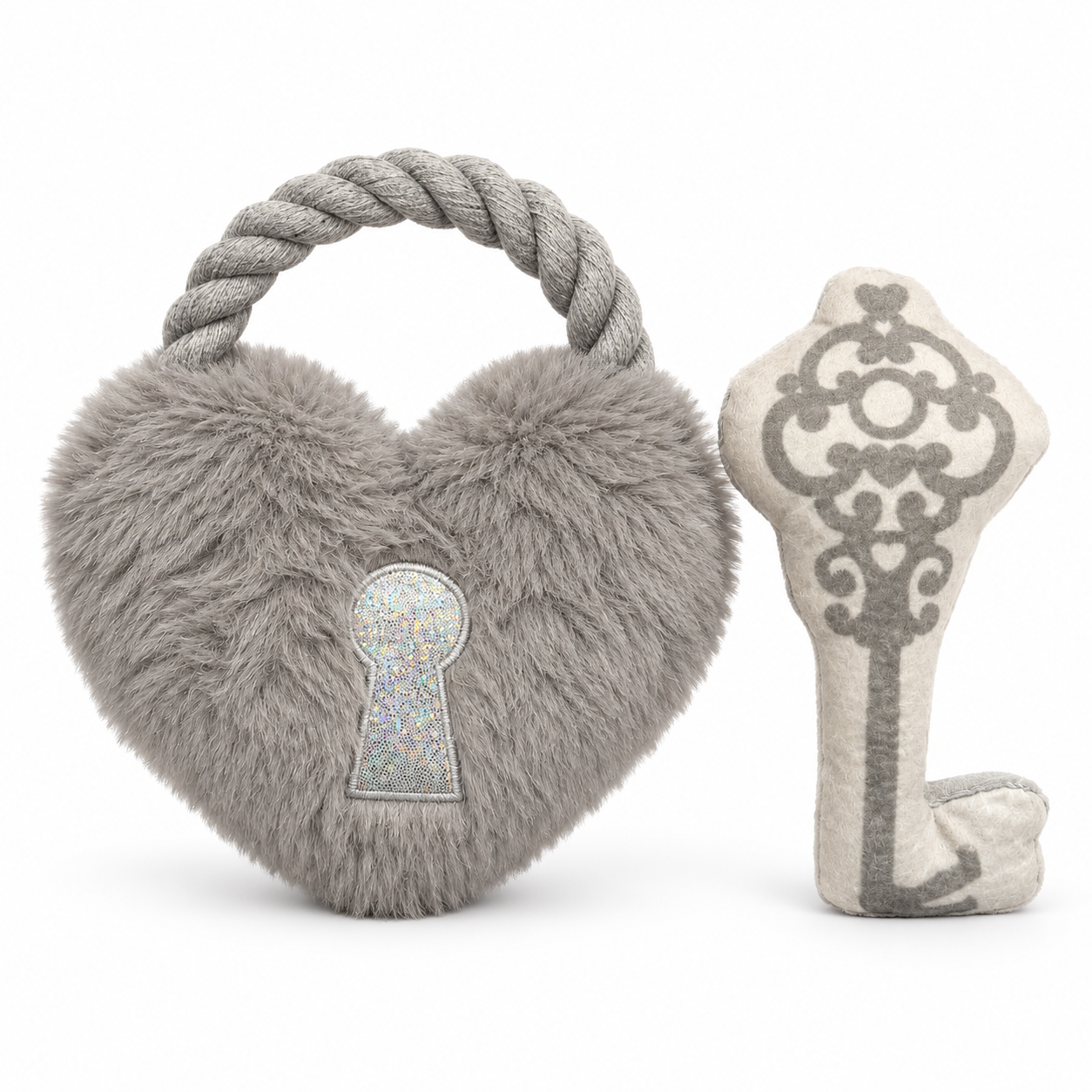 Grey heart padlock and matching key plush dog toy set