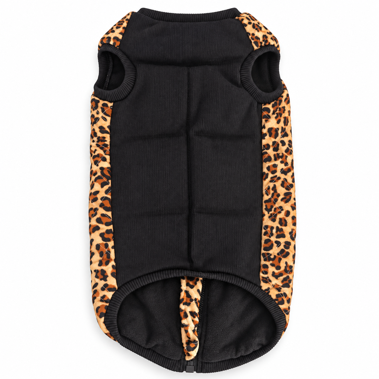 Leopard print quilted dog coat — underside