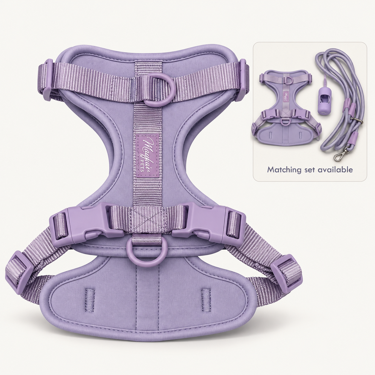 Lilac matching set available: harness, multi-way lead and poo bag holder