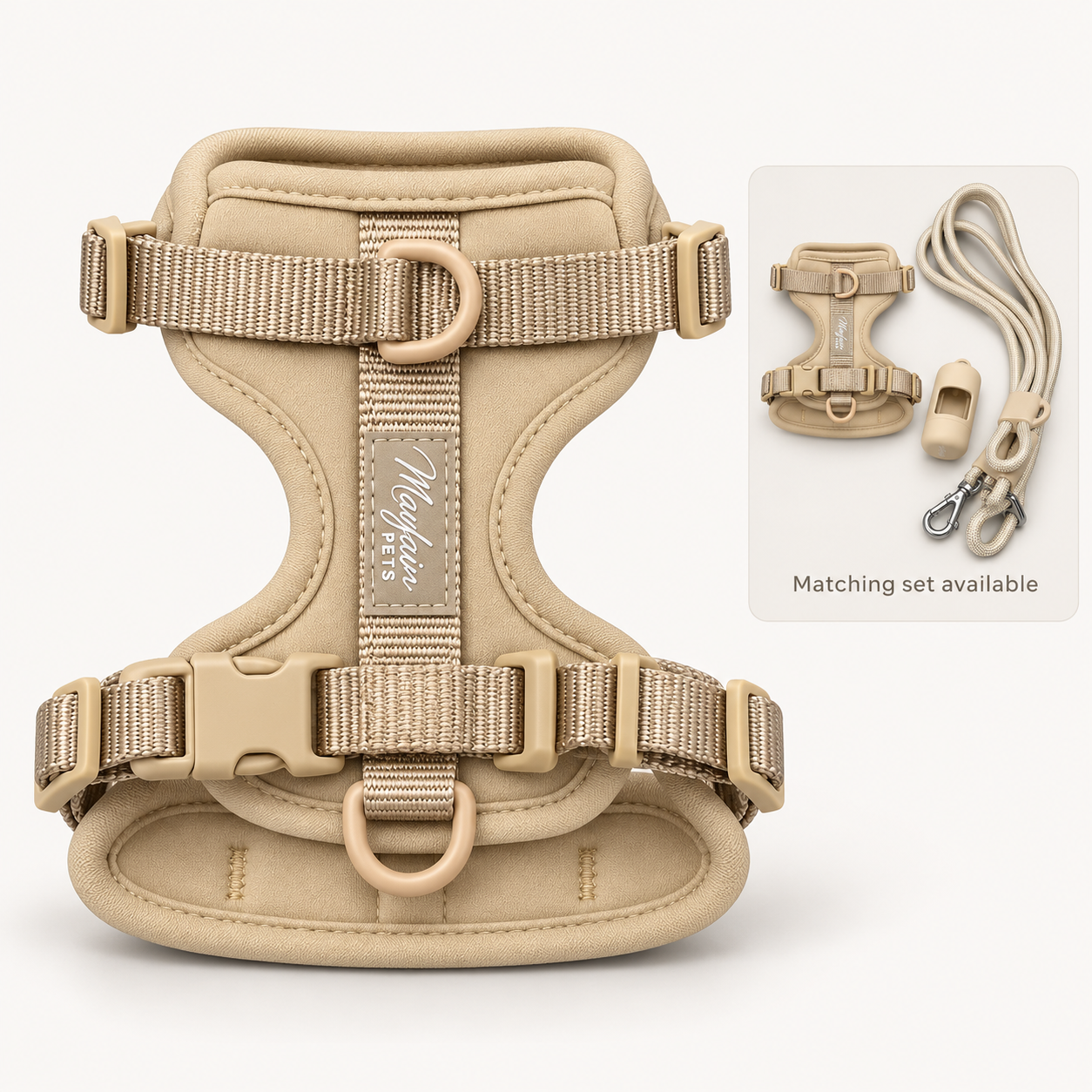 Cream matching set available: harness, multi-way lead and poo bag holder