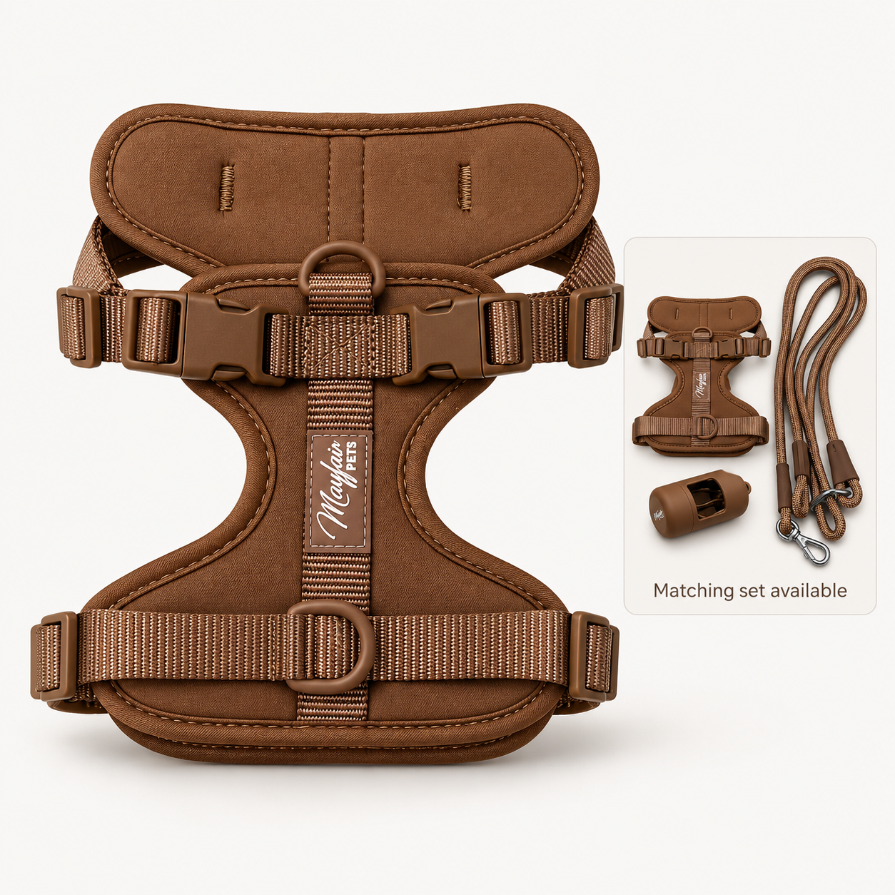 Brown matching set available: harness, multi-way lead and poo bag holder