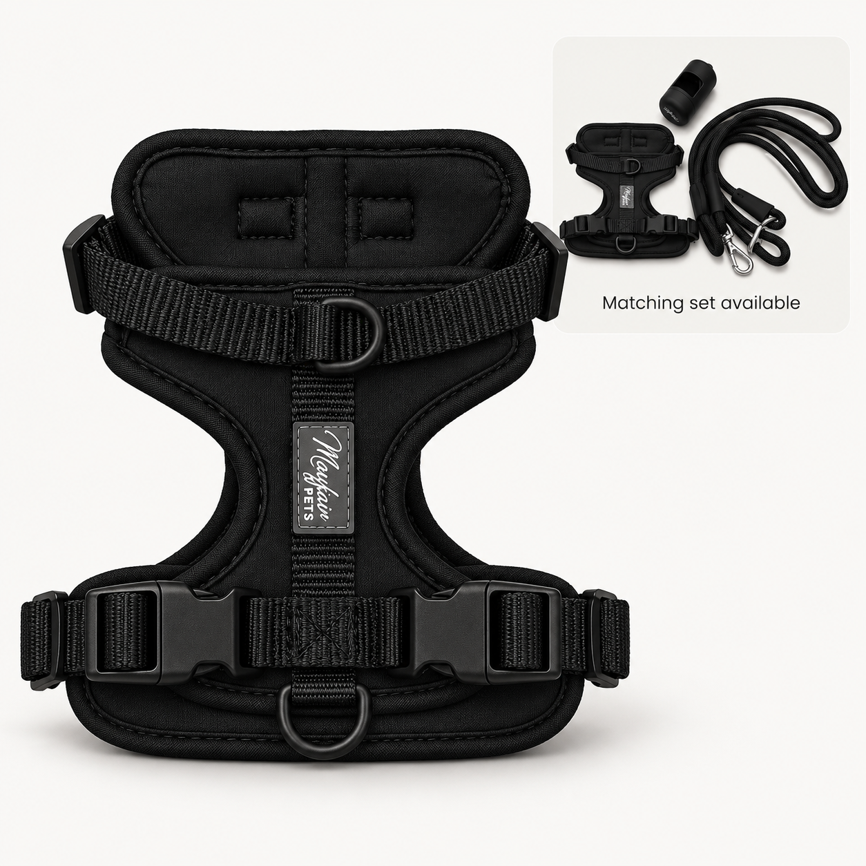 Black matching set available: harness, multi-way lead and poo bag holder