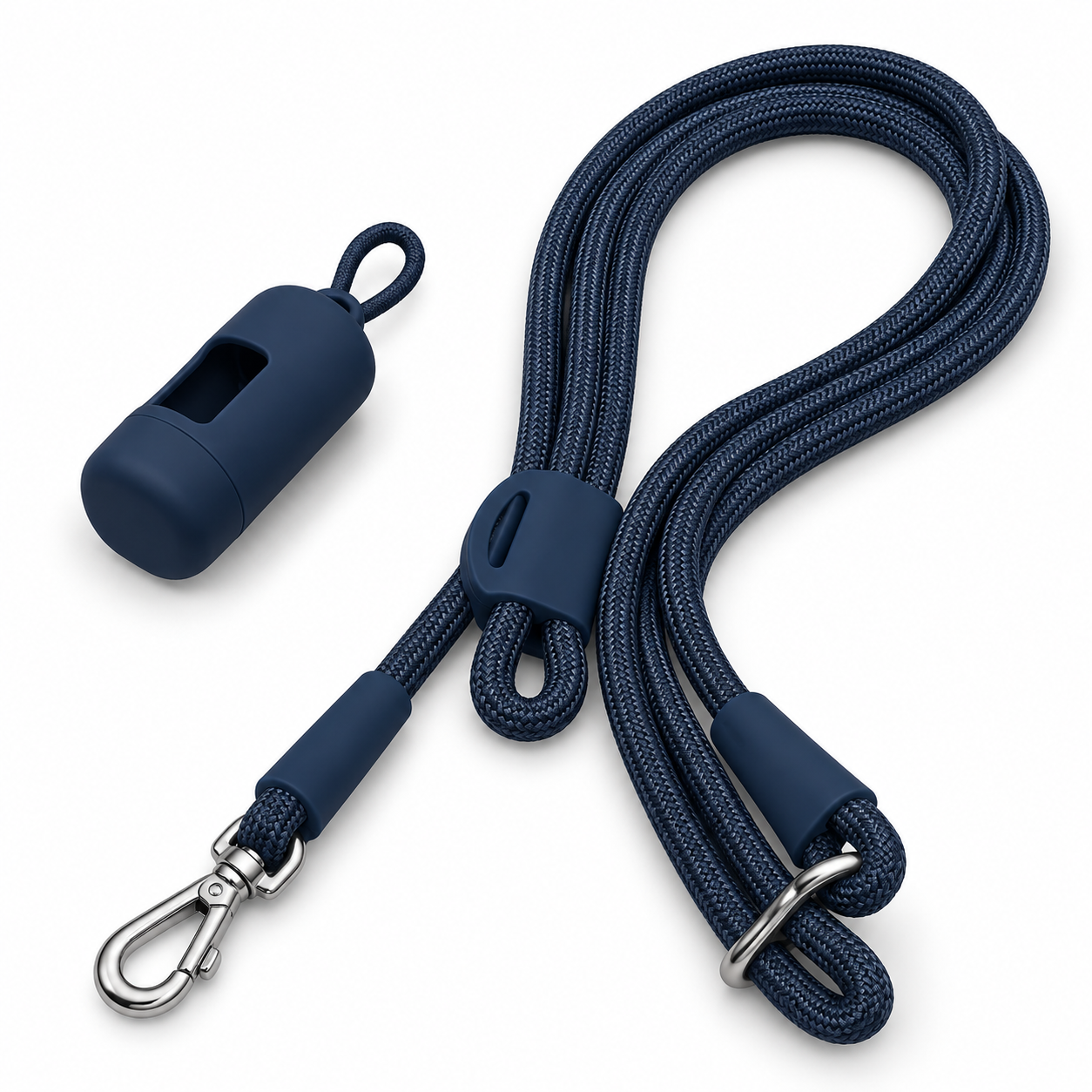 Navy Blue multi-way rope dog lead and matching poo bag holder — harness not included