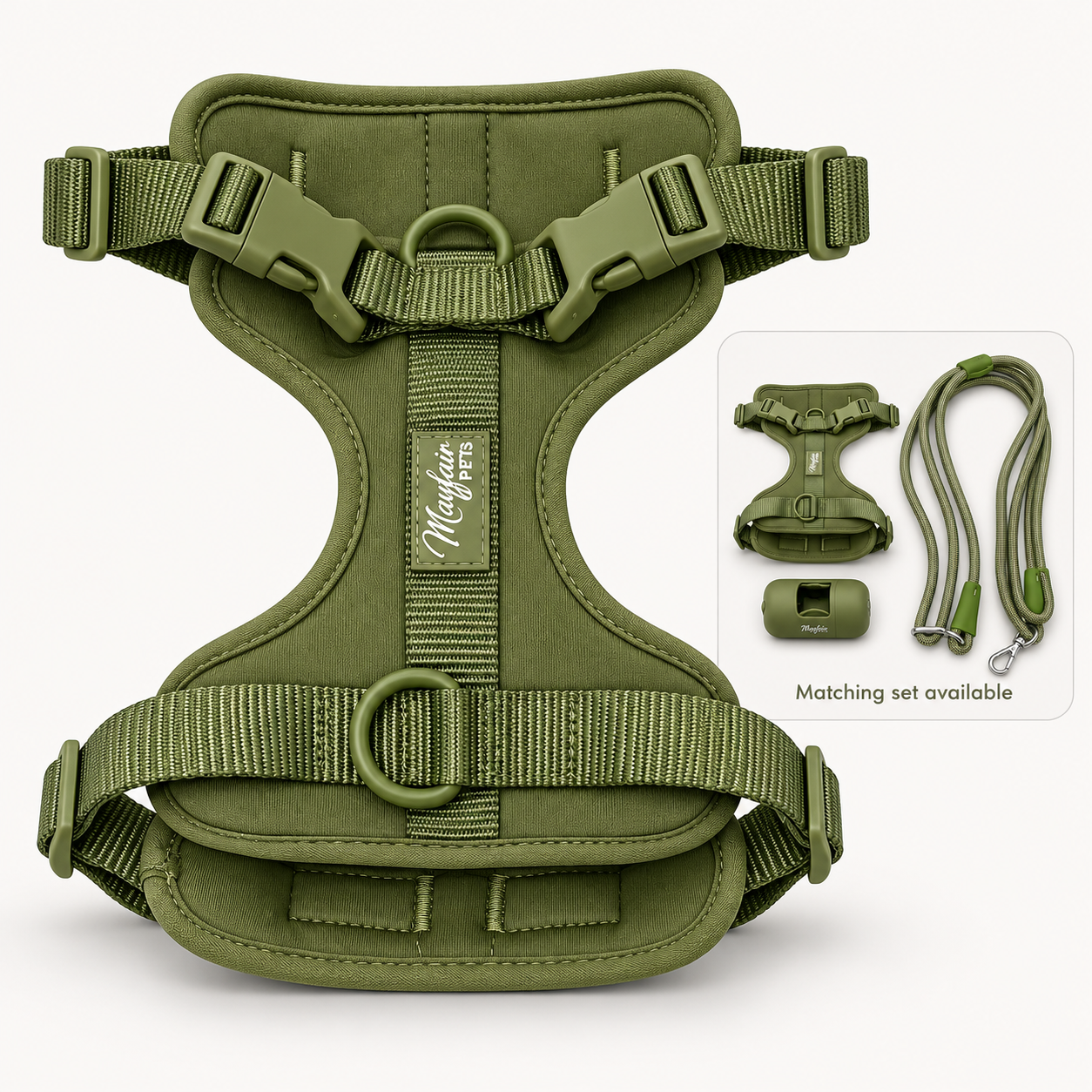 Green matching set available: harness, multi-way lead and poo bag holder