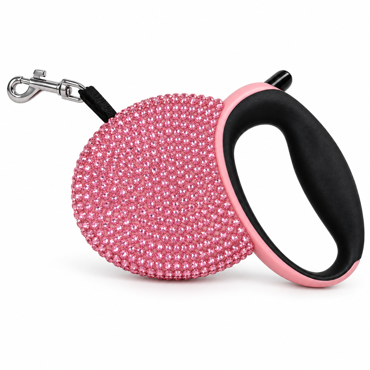 pink rhinestone retractable dog lead on white background