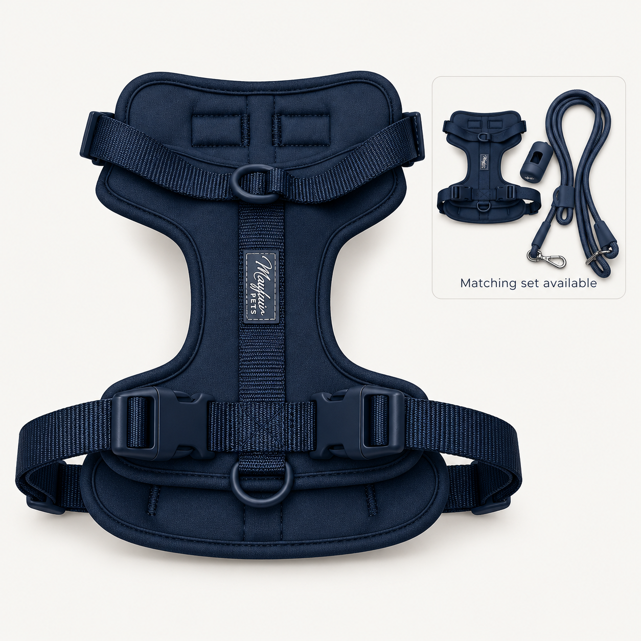 Navy Blue matching set available: harness, multi-way lead and poo bag holder