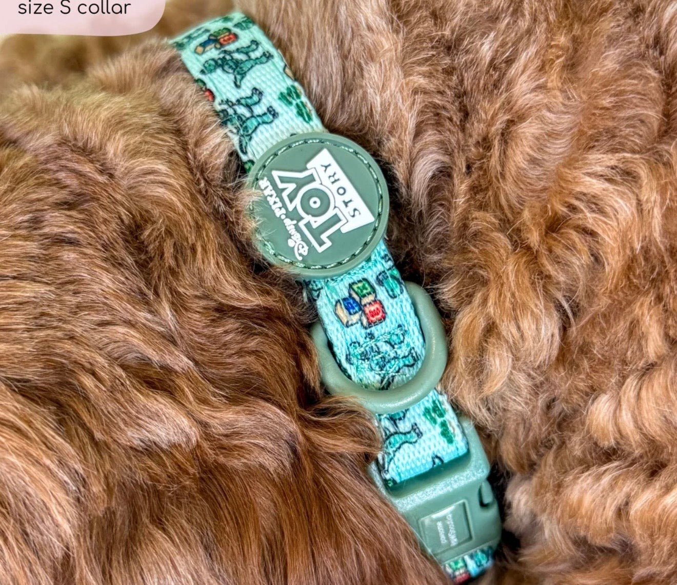 Dog wearing Toy Story Rex collar